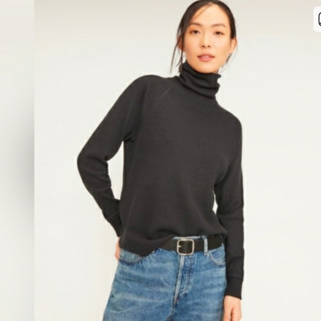 Everlane Waffle Turtleneck - Organic Cotton Long Sleeve Sweater - Black S